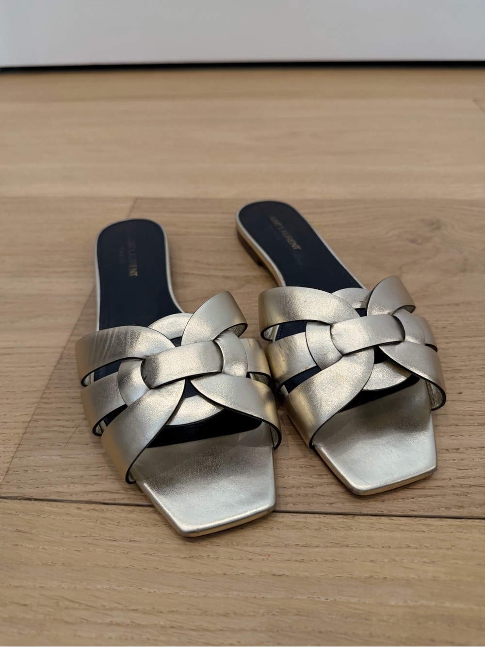 Saint Laurent Metallic Braided Slide Sandals - Silver